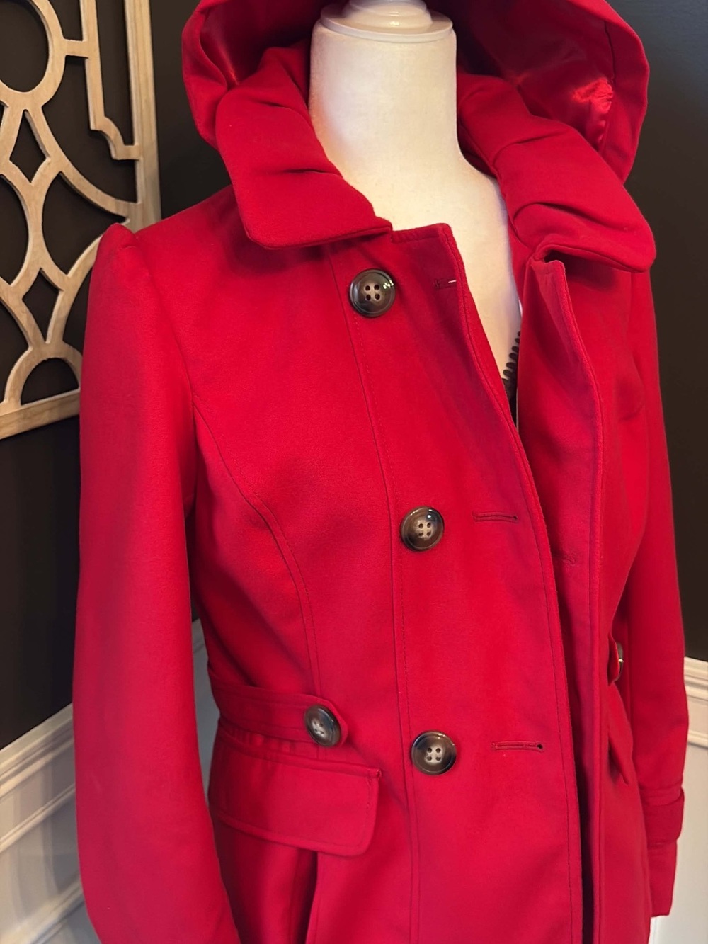 Pink Envelope Women's Red Hooded Wool-Blend Pea Coat large